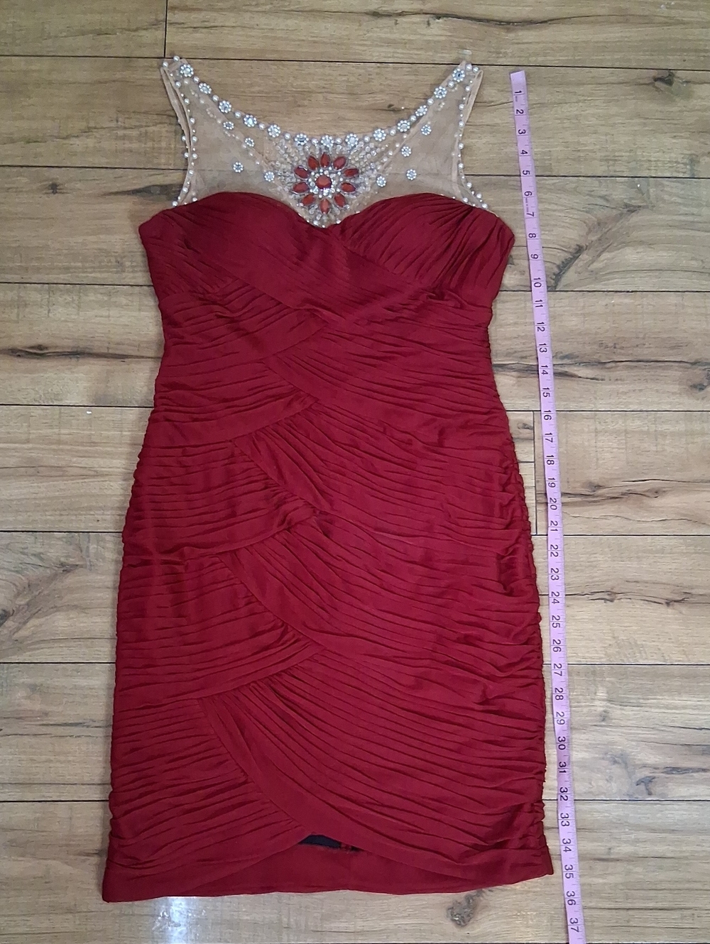 Adrianna Papell Deep Red Beaded Illusion Neck Cocktail Pleated Dress Medium - Picture 5 of 16